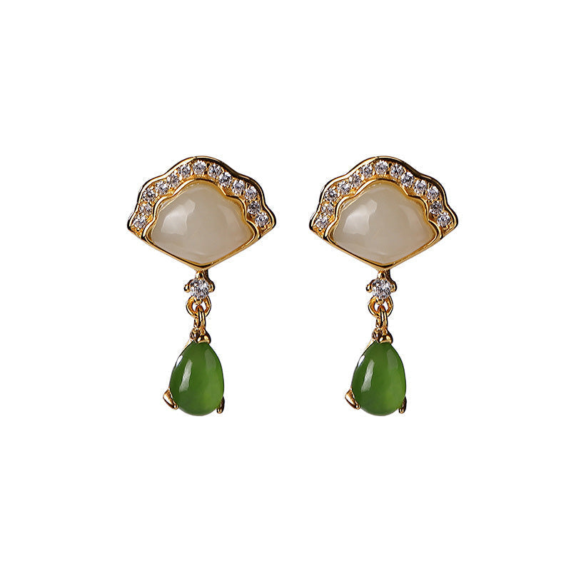 Boucles d'oreilles pendantes porte-bonheur en jade blanc et jade cyan, longueur 20 mm