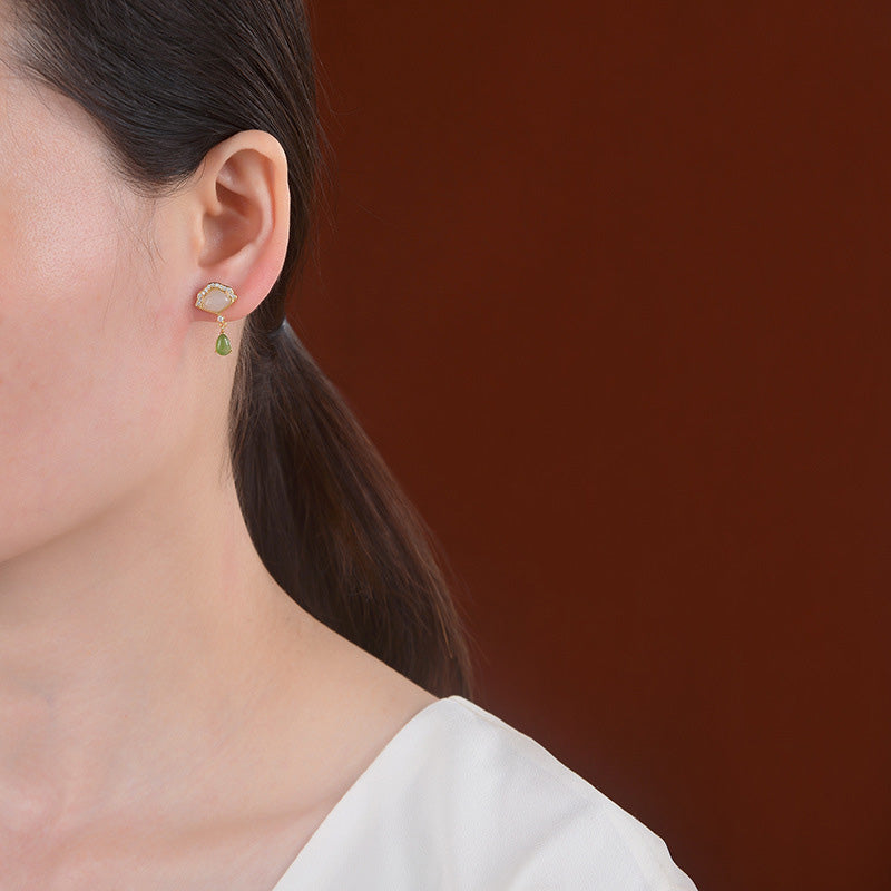 Boucles d'oreilles pendantes porte-bonheur en jade blanc et jade cyan, longueur 20 mm