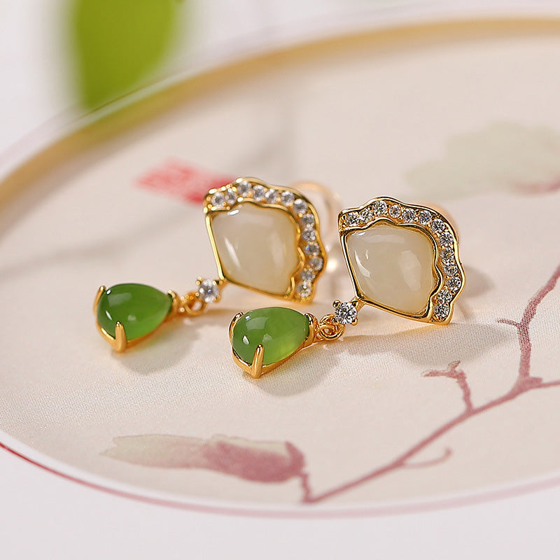 Boucles d'oreilles pendantes porte-bonheur en jade blanc et jade cyan, longueur 20 mm