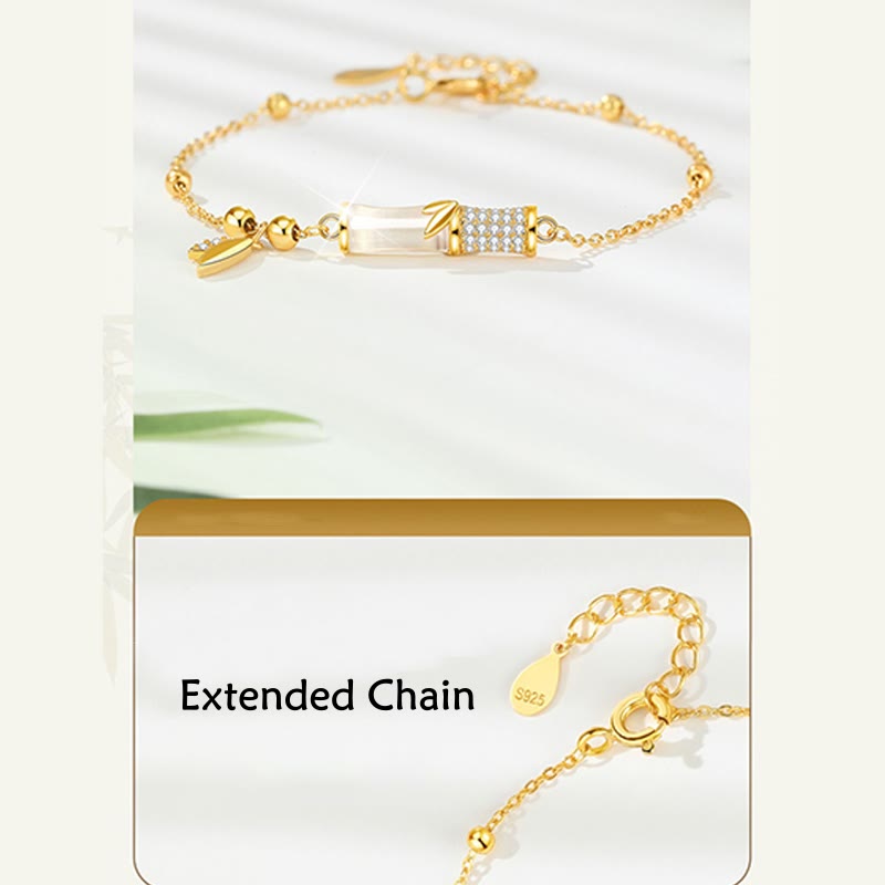 Bracelet de protection en jade blanc avec feuille de bambou en argent plaqué or 18 carats