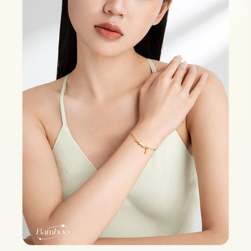 Bracelet de protection en jade blanc avec feuille de bambou en argent plaqué or 18 carats
