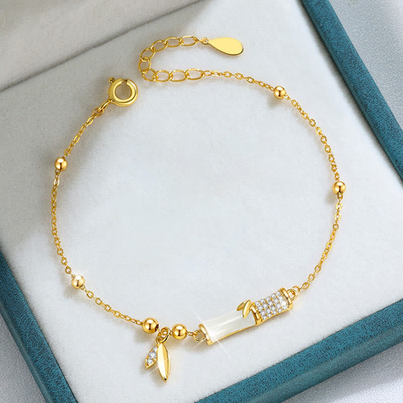 Bracelet de protection en jade blanc avec feuille de bambou en argent plaqué or 18 carats
