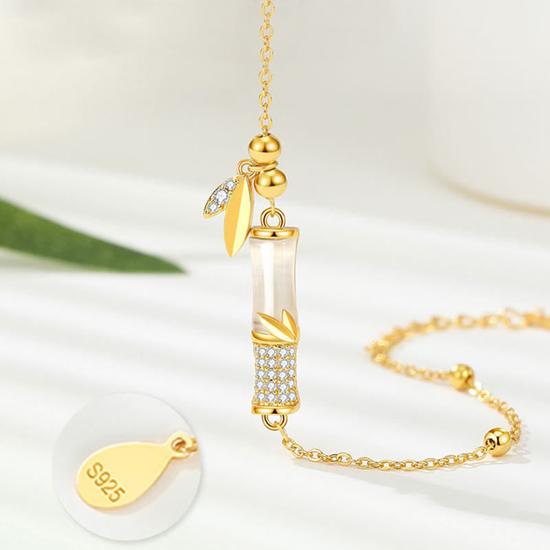 Bracelet de protection en jade blanc avec feuille de bambou en argent plaqué or 18 carats