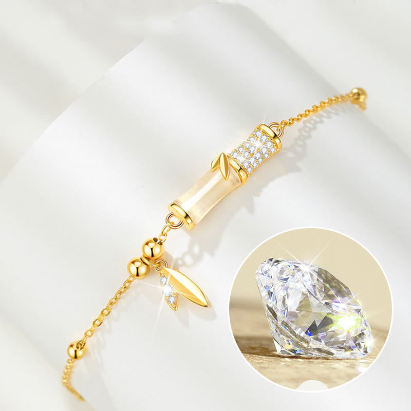 Bracelet de protection en jade blanc avec feuille de bambou en argent plaqué or 18 carats