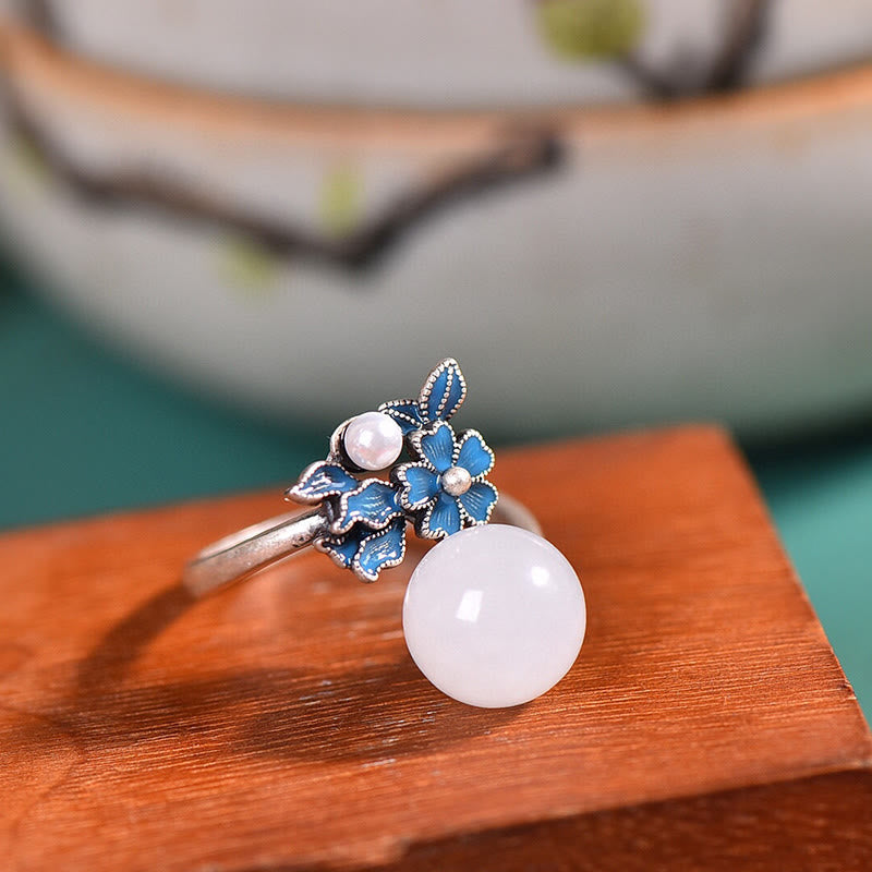 Collier, bague et boucles d'oreilles en jade blanc et argent avec perles de bénédiction