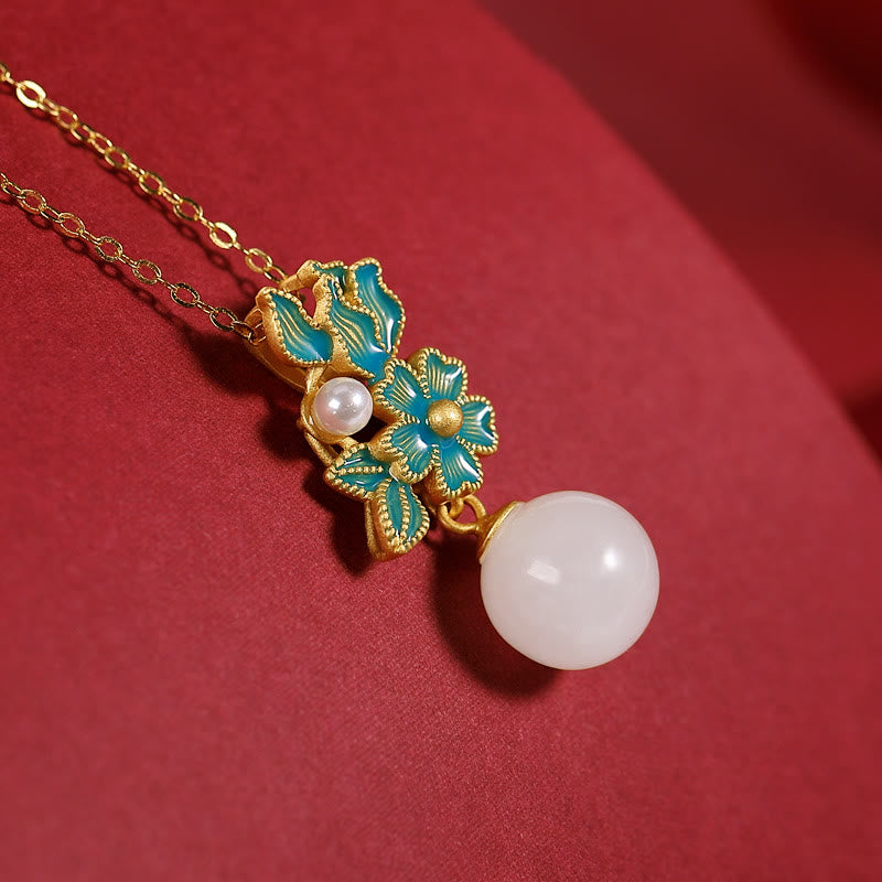 Collier, bague et boucles d'oreilles en jade blanc et argent avec perles de bénédiction