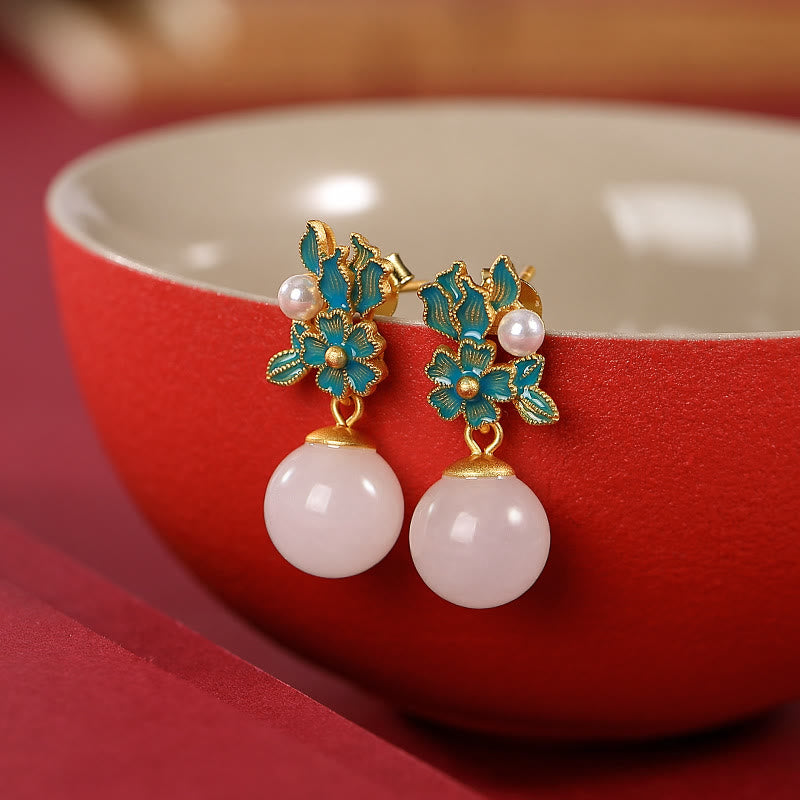 Collier, bague et boucles d'oreilles en jade blanc et argent avec perles de bénédiction