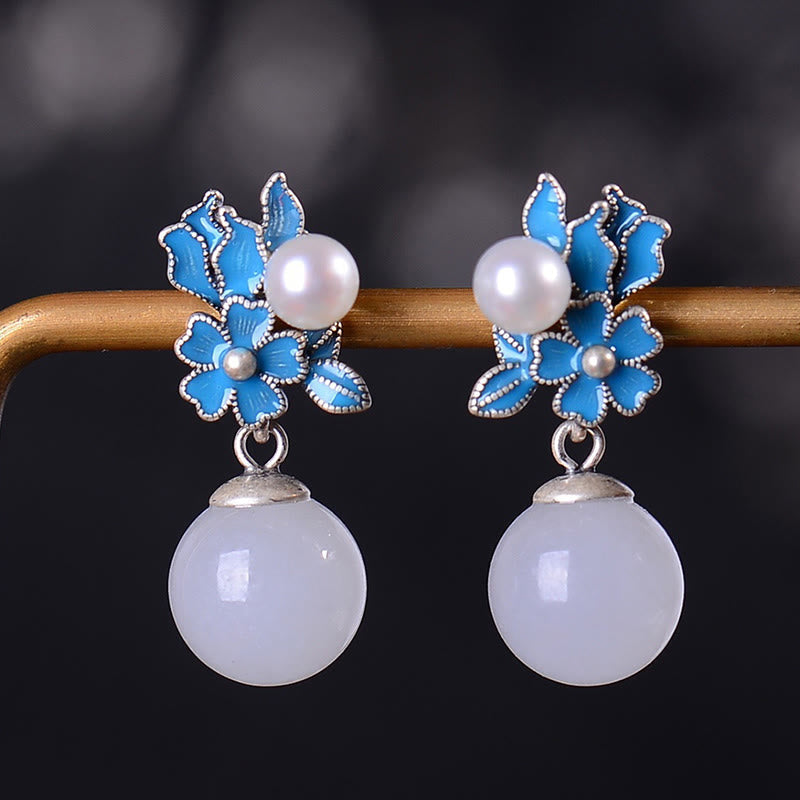 Collier, bague et boucles d'oreilles en jade blanc et argent avec perles de bénédiction