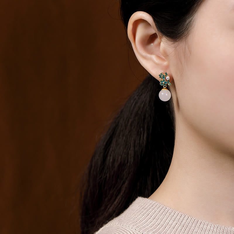 Collier, bague et boucles d'oreilles en jade blanc et argent avec perles de bénédiction