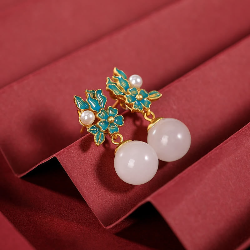 Collier, bague et boucles d'oreilles en jade blanc et argent avec perles de bénédiction