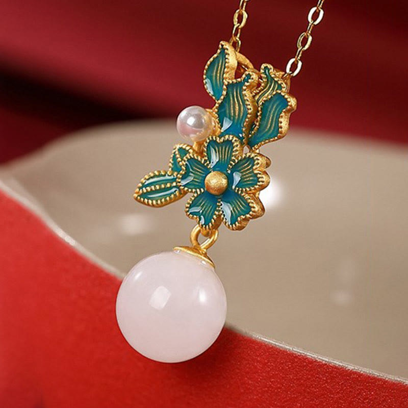 Collier, bague et boucles d'oreilles en jade blanc et argent avec perles de bénédiction