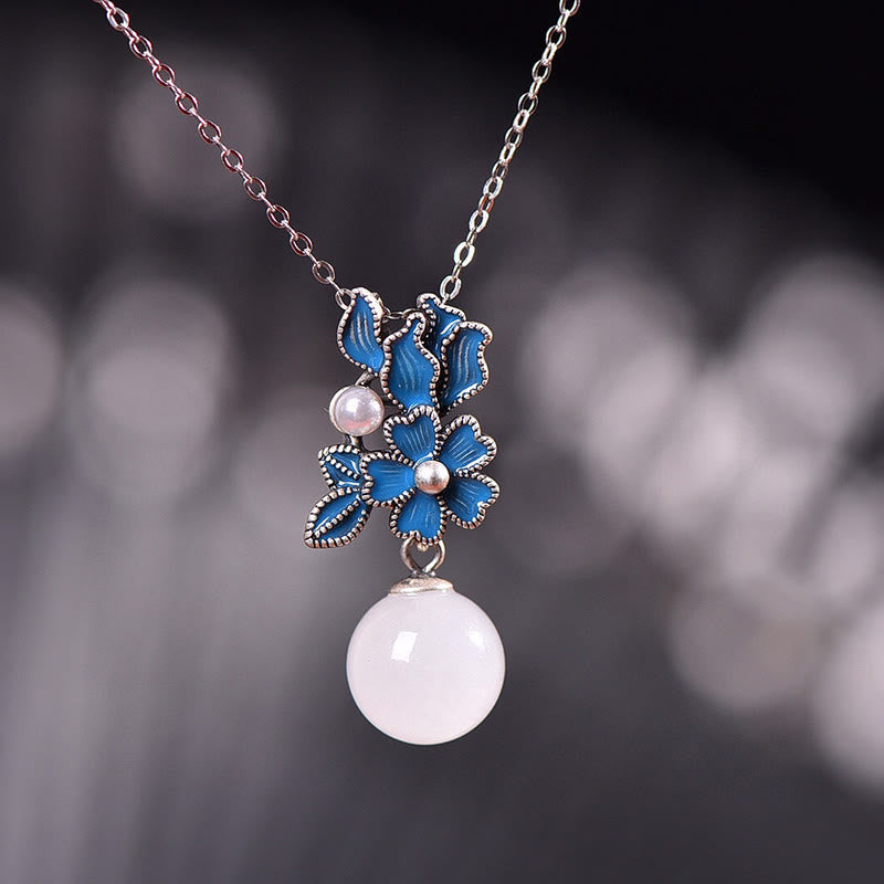 Collier, bague et boucles d'oreilles en jade blanc et argent avec perles de bénédiction