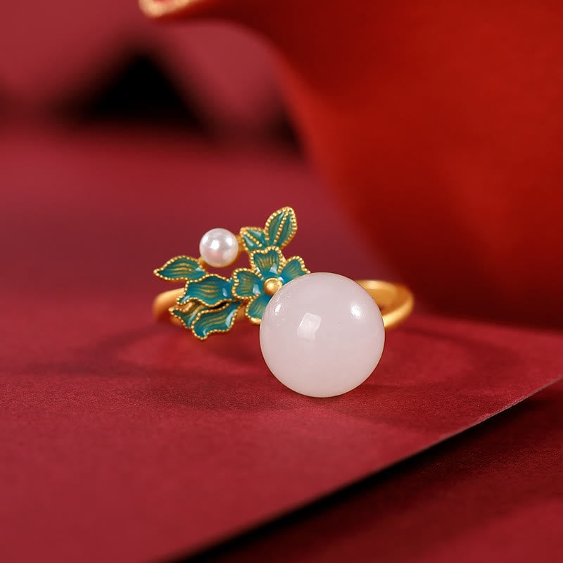Collier, bague et boucles d'oreilles en jade blanc et argent avec perles de bénédiction