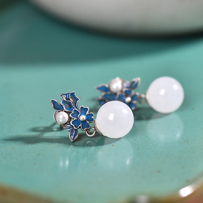 Collier, bague et boucles d'oreilles en jade blanc et argent avec perles de bénédiction
