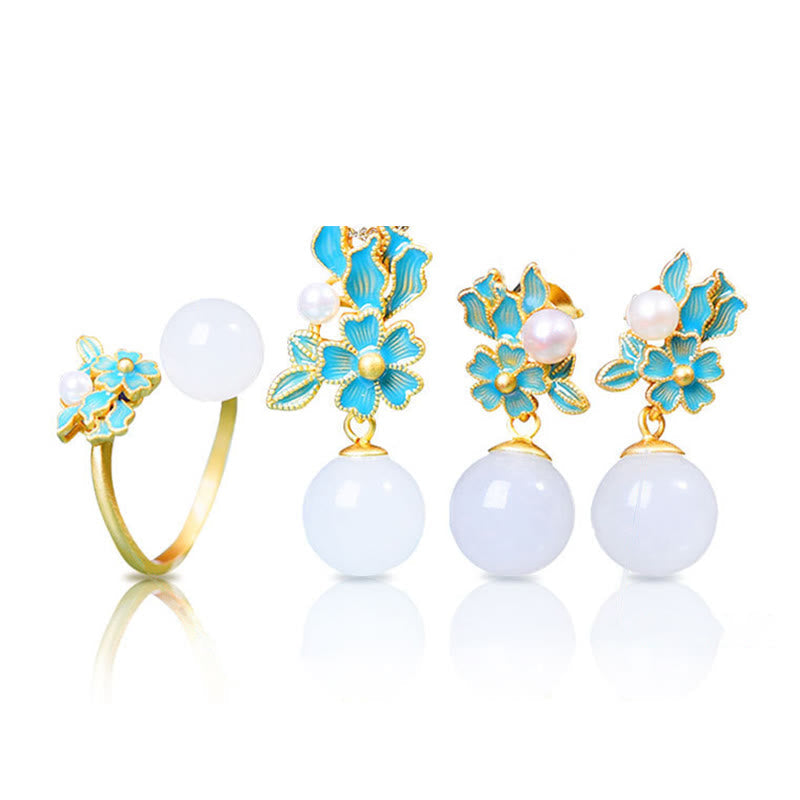 Collier, bague et boucles d'oreilles en jade blanc et argent avec perles de bénédiction