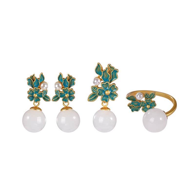 Collier, bague et boucles d'oreilles en jade blanc et argent avec perles de bénédiction