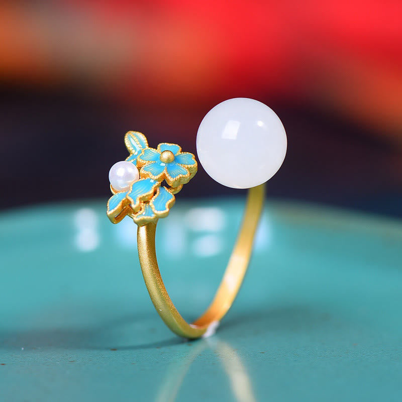 Collier, bague et boucles d'oreilles en jade blanc et argent avec perles de bénédiction