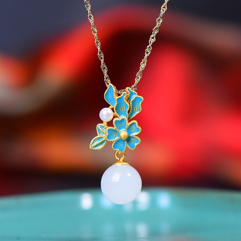 Collier, bague et boucles d'oreilles en jade blanc et argent avec perles de bénédiction