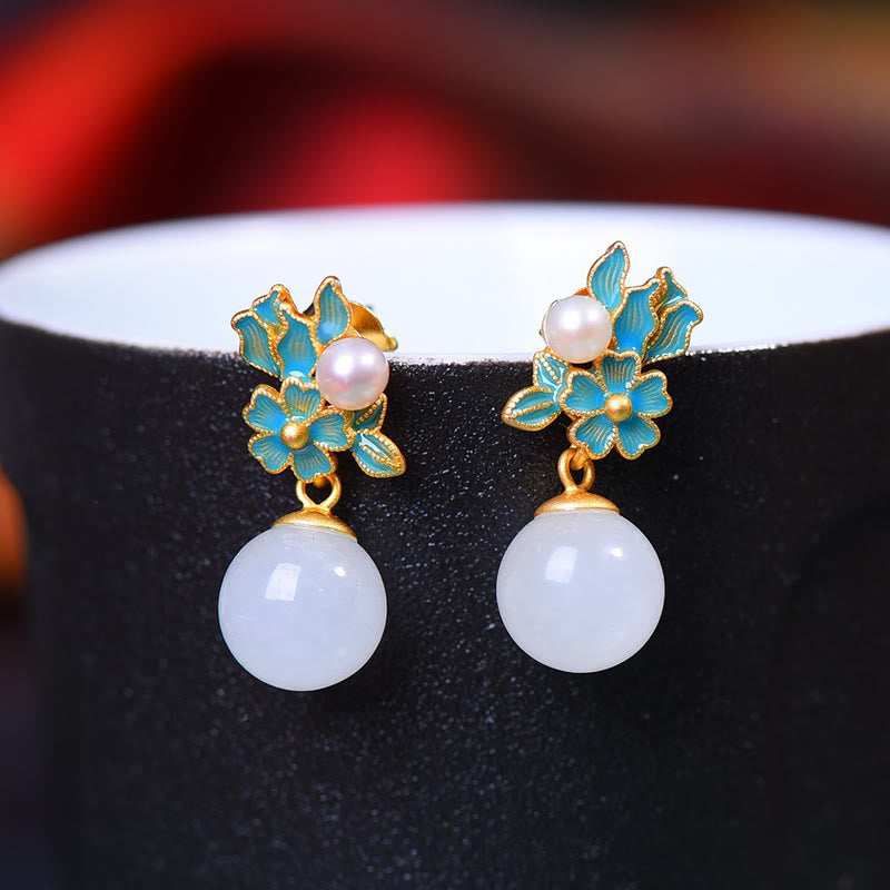 Collier, bague et boucles d'oreilles en jade blanc et argent avec perles de bénédiction