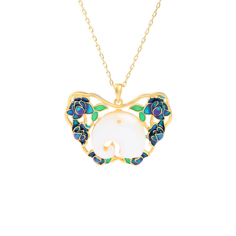 Collier Succès en Jade Blanc avec Éléphant Papillon Lotus