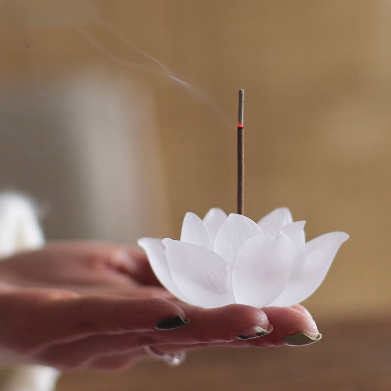 Brûleur d'encens en cristal Liuli Lotus blanc pour la méditation