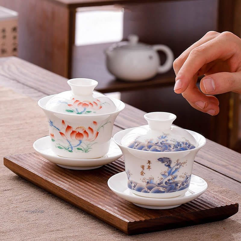 Tasse à thé Gaiwan en porcelaine blanche avec couvercle - Décor Zen