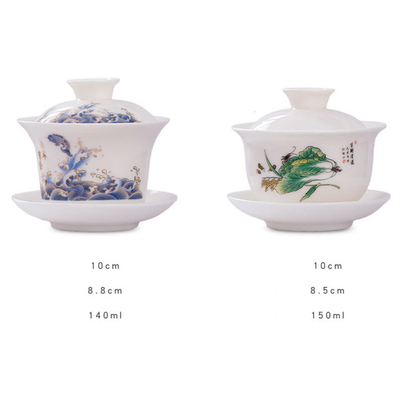 Tasse à thé Gaiwan en porcelaine blanche avec couvercle - Décor Zen