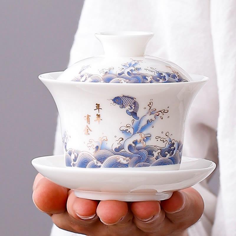 Tasse à thé Gaiwan en porcelaine blanche avec couvercle - Décor Zen