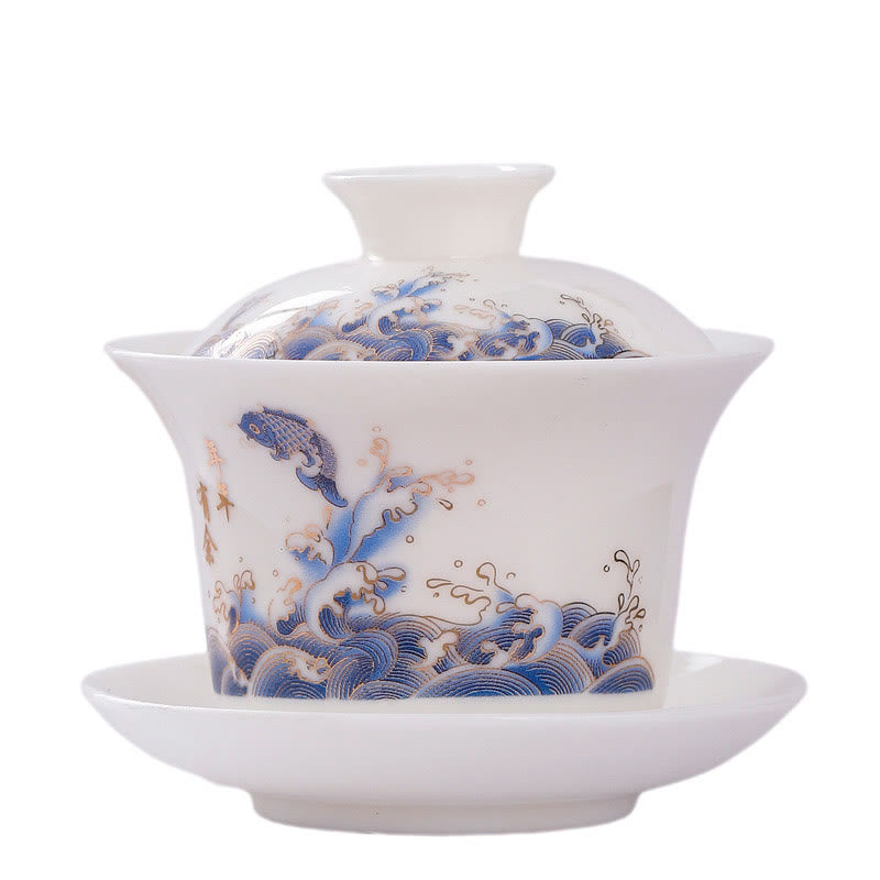 Tasse à thé Gaiwan en porcelaine blanche avec couvercle - Décor Zen