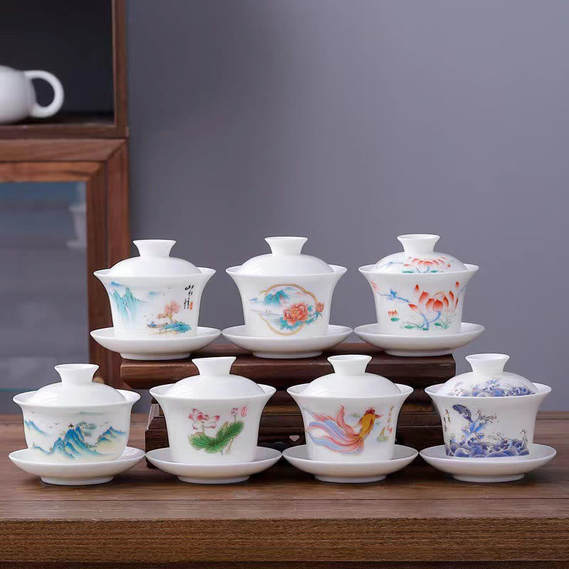 Tasse à thé Gaiwan en porcelaine blanche avec couvercle - Décor Zen