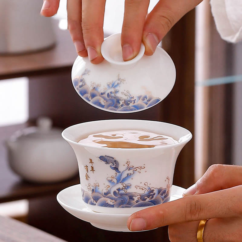 Tasse à thé Gaiwan en porcelaine blanche avec couvercle - Décor Zen