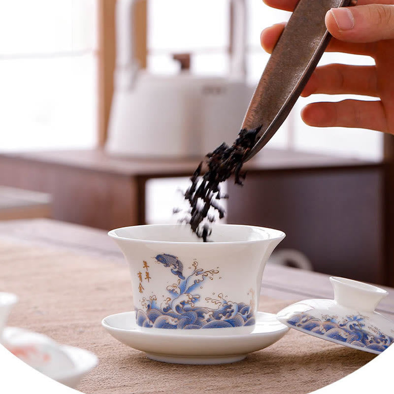 Tasse à thé Gaiwan en porcelaine blanche avec couvercle - Décor Zen