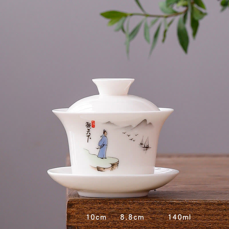 Tasse à thé Gaiwan en porcelaine blanche avec couvercle - Décor Zen