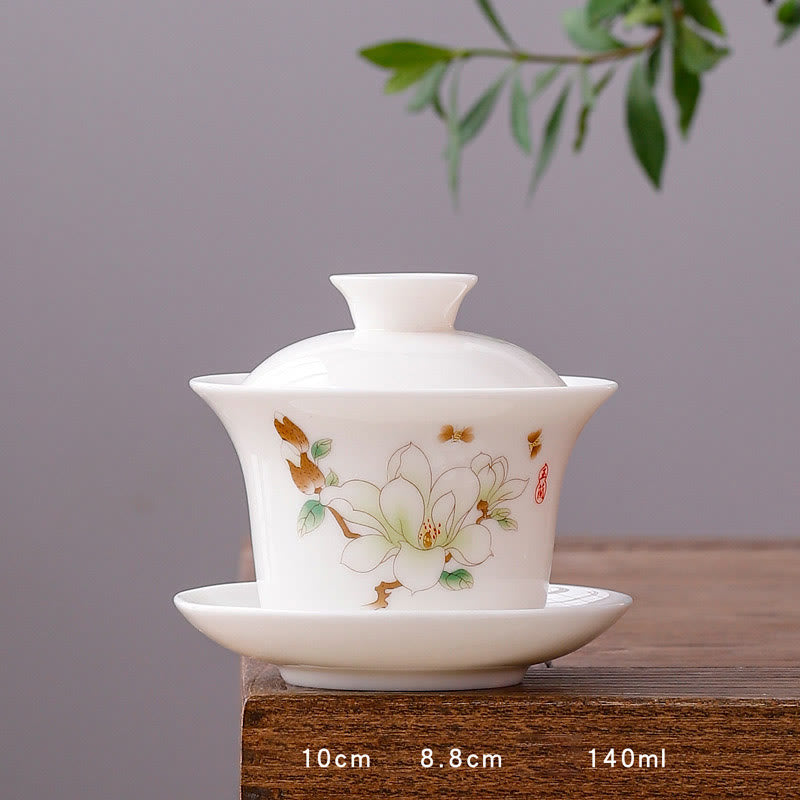 Tasse à thé Gaiwan en porcelaine blanche avec couvercle - Décor Zen