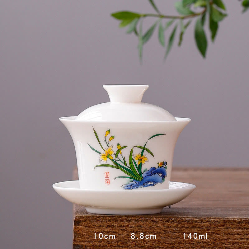 Tasse à thé Gaiwan en porcelaine blanche avec couvercle - Décor Zen