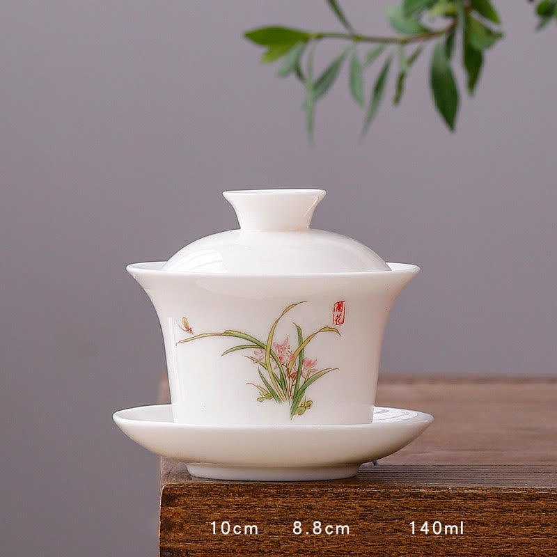 Tasse à thé Gaiwan en porcelaine blanche avec couvercle - Décor Zen
