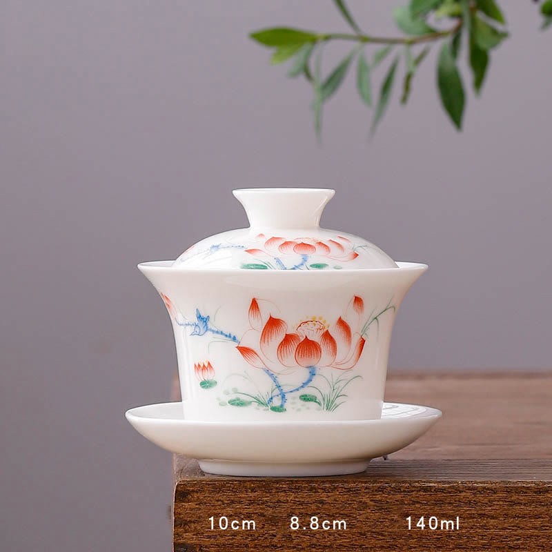 Tasse à thé Gaiwan en porcelaine blanche avec couvercle - Décor Zen