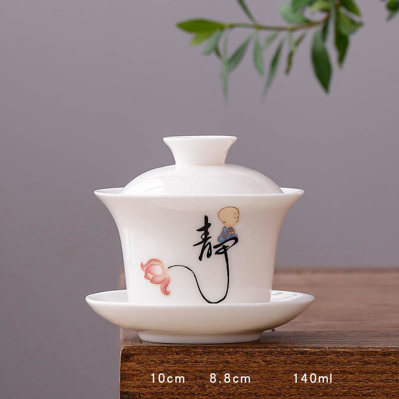 Tasse à thé Gaiwan en porcelaine blanche avec couvercle - Décor Zen