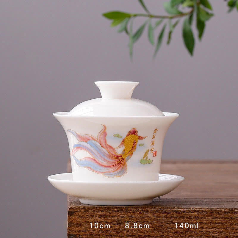 Tasse à thé Gaiwan en porcelaine blanche avec couvercle - Décor Zen
