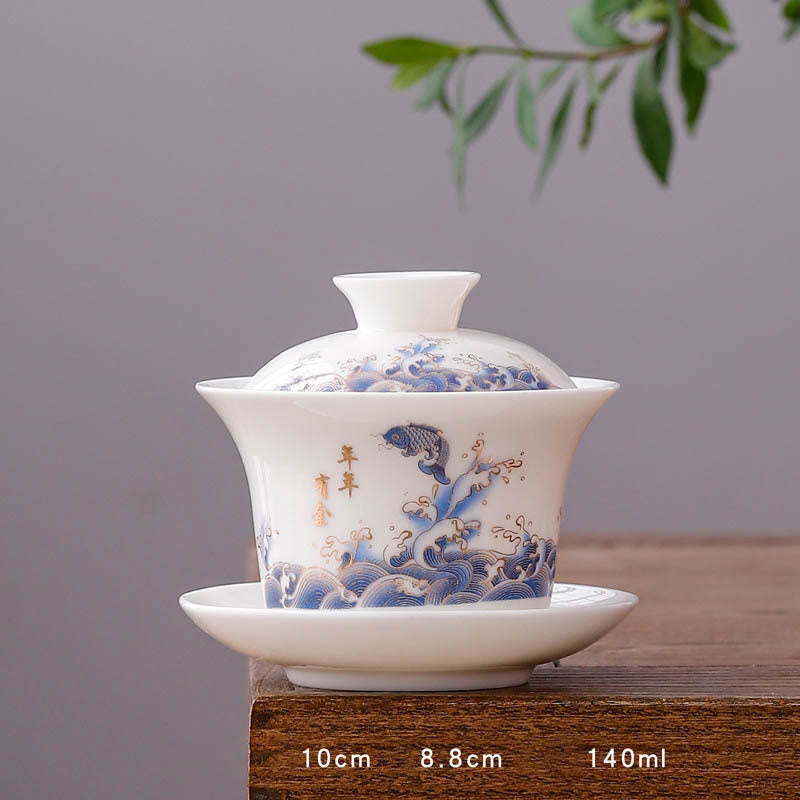 Tasse à thé Gaiwan en porcelaine blanche avec couvercle - Décor Zen