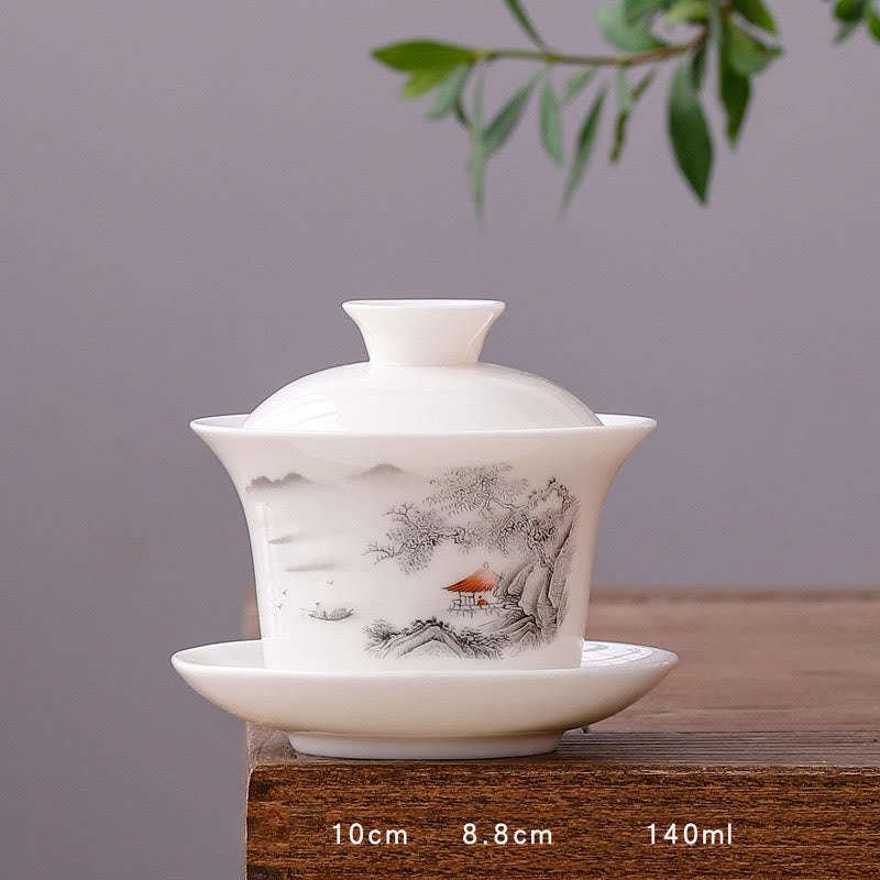 Tasse à thé Gaiwan en porcelaine blanche avec couvercle - Décor Zen