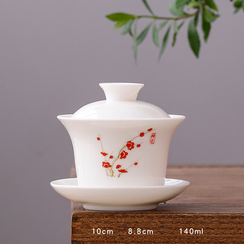 Tasse à thé Gaiwan en porcelaine blanche avec couvercle - Décor Zen