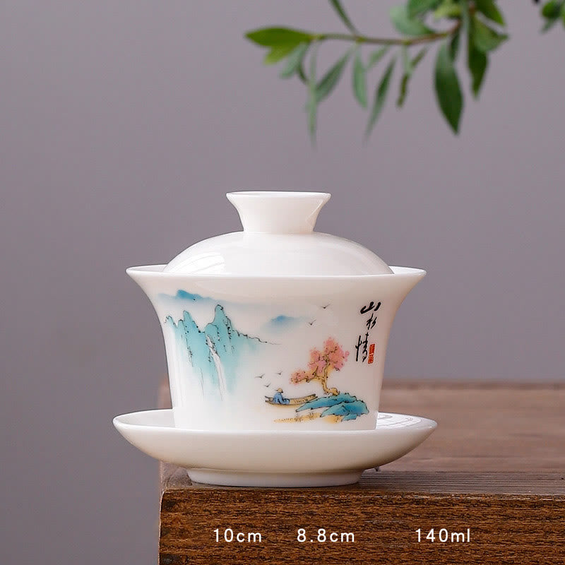 Tasse à thé Gaiwan en porcelaine blanche avec couvercle - Décor Zen
