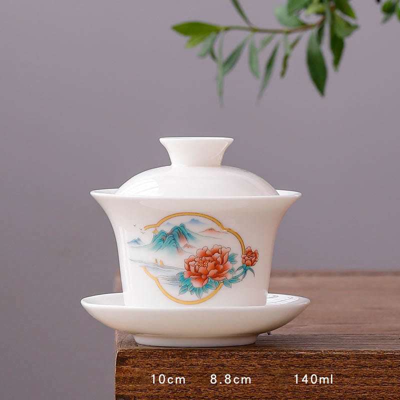 Tasse à thé Gaiwan en porcelaine blanche avec couvercle - Décor Zen