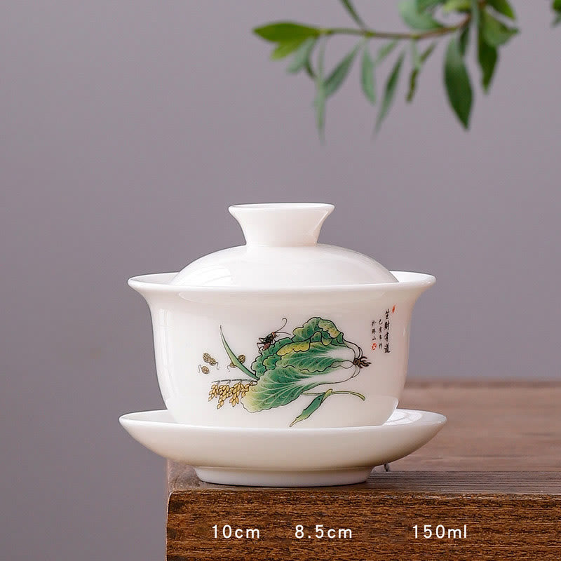 Tasse à thé Gaiwan en porcelaine blanche avec couvercle - Décor Zen