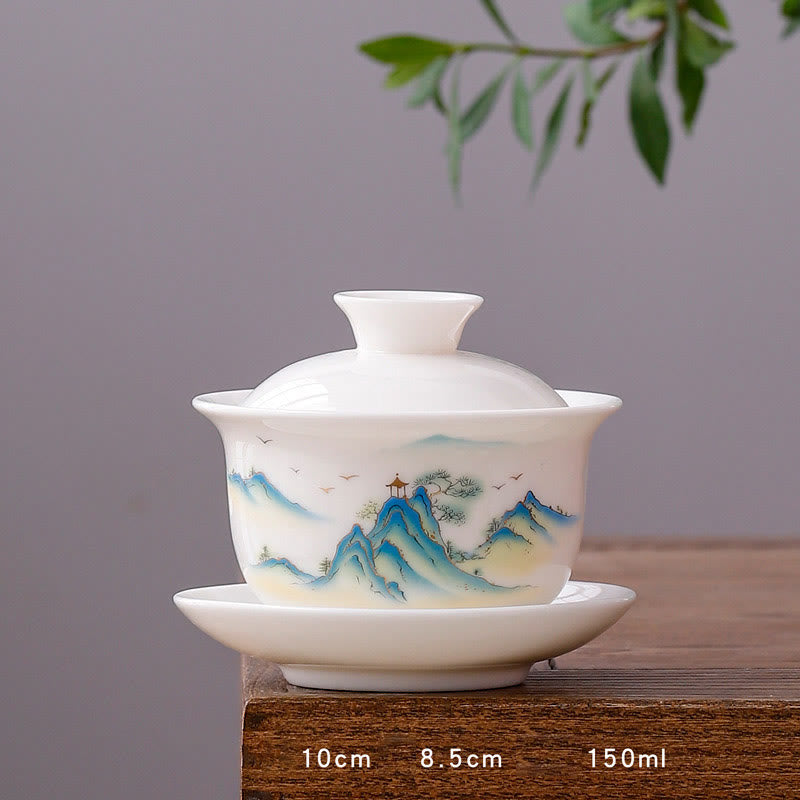 Tasse à thé Gaiwan en porcelaine blanche avec couvercle - Décor Zen
