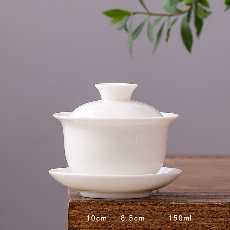 Tasse à thé Gaiwan en porcelaine blanche avec couvercle - Décor Zen
