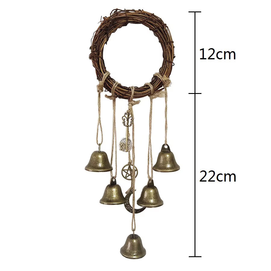 Rustic twig wreath with brass bells and charms for Witch Bell Wind Chimes decor