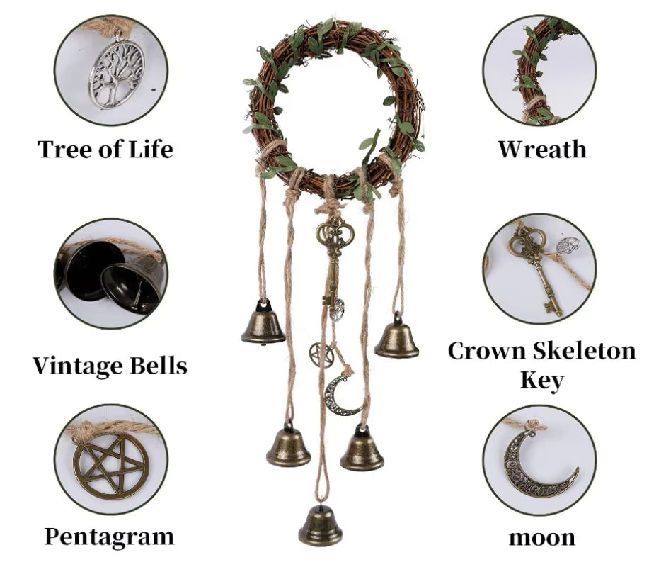 Decorative wreath with brass bells and mystical symbols for Witch Bell Wind Chimes