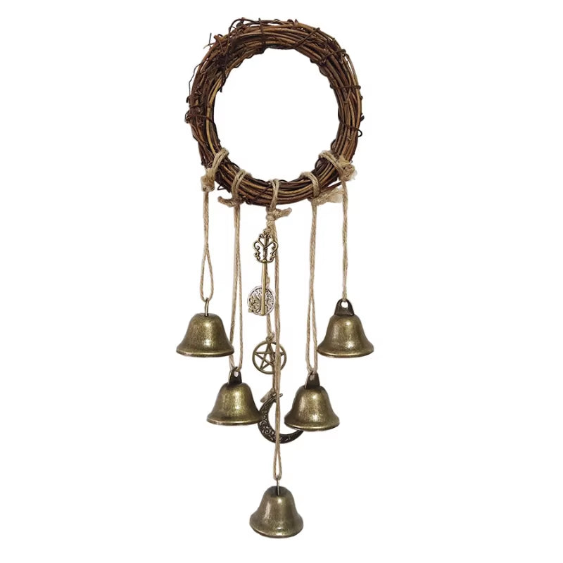 Rustic twig wreath with brass bells and charms for Witch Bell Wind Chimes decor